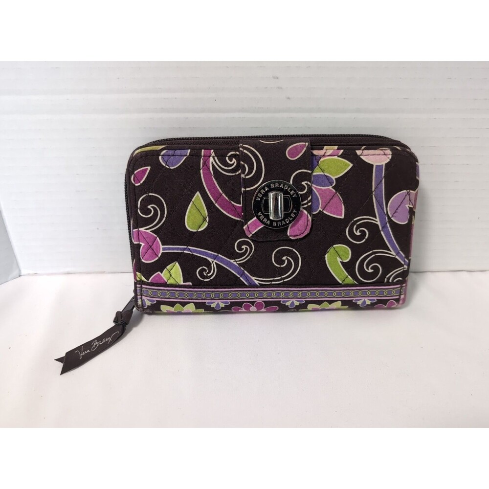VERA BRADLEY Brown Multi-color Quilted Floral Zip Around Wallet EUC